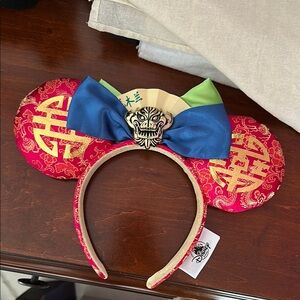 Disney Mulan Red Chinese Brocade Mickey Ear Headband with Blue Bow